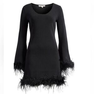 WAYF Karlie Feather Trim Long Sleeve Minidress in Black - Medium - NWT